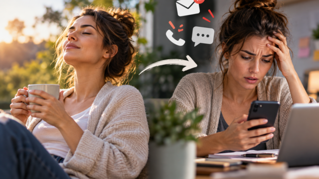Woman goes from a calm moment with a warm drink to feeling stressed by emails, phone calls, and messages.