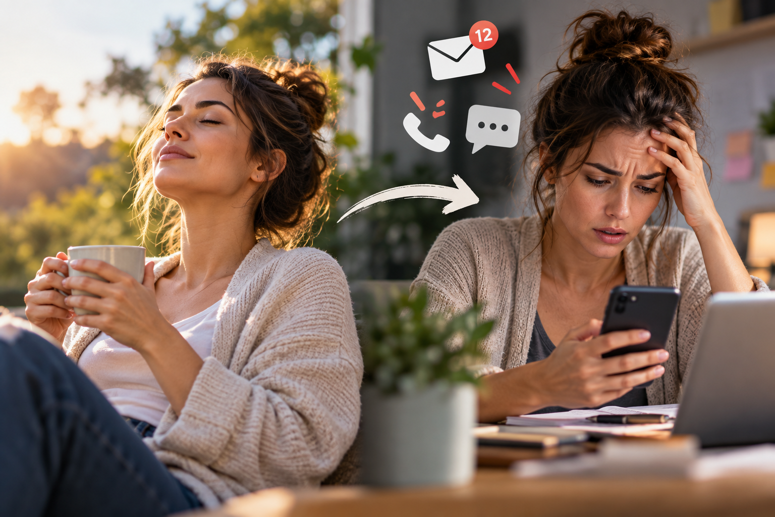 Woman goes from a calm moment with a warm drink to feeling stressed by emails, phone calls, and messages.