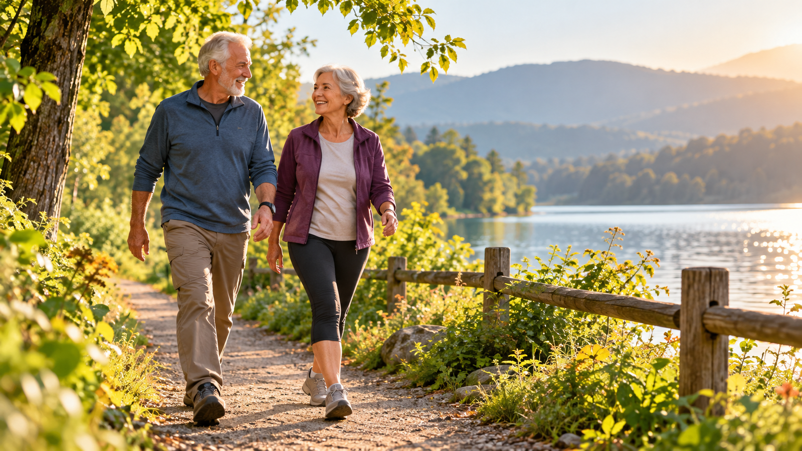 Older couple walking together on a lakeside trail in warm morning sunlight