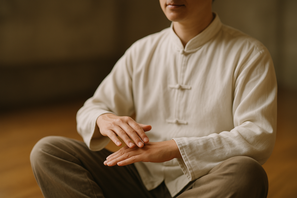 A close-up of a participant's hands resting gently on their lap as they engage in a quiet seated Tai Chi segment. They're seated comfortably, with a serene expression conveying the calmness of the practice.