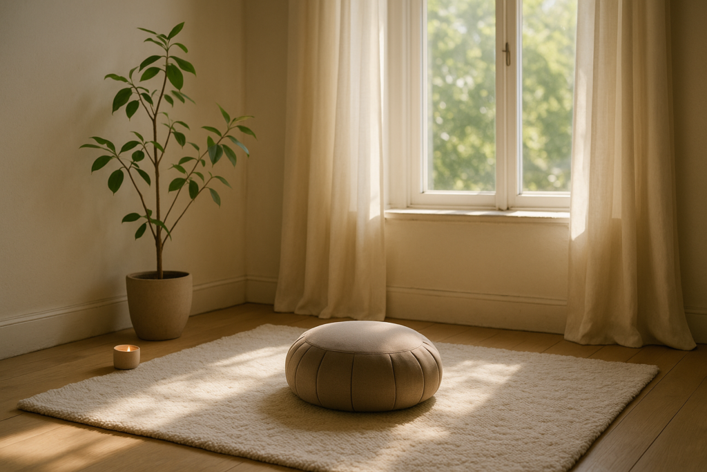 Meditation cushion in a quiet, sunlit room prepared for meditation practice