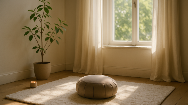 A serene space with a meditation cushion on a soft rug next to a window with natural light streaming in.